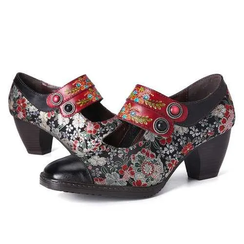 Retro Flower Leather Pumps