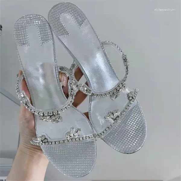 Slippers  Women Mules Fashion Lady Girl Desginer Slides Spring Summer High Heels Brand Silver Crystal Sandals